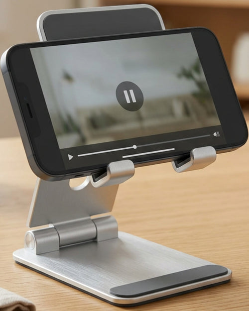 Tovao Foldable Aluminum Phone Stand with Dual Hinge Silver - Lifestyle view